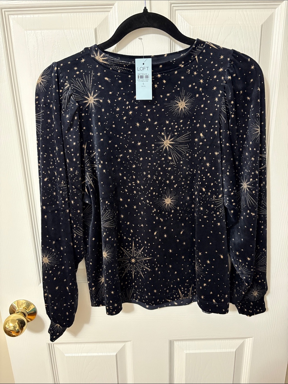 LOFT Navy Velvet Long Sleeve Top with  Gold Starburst Print